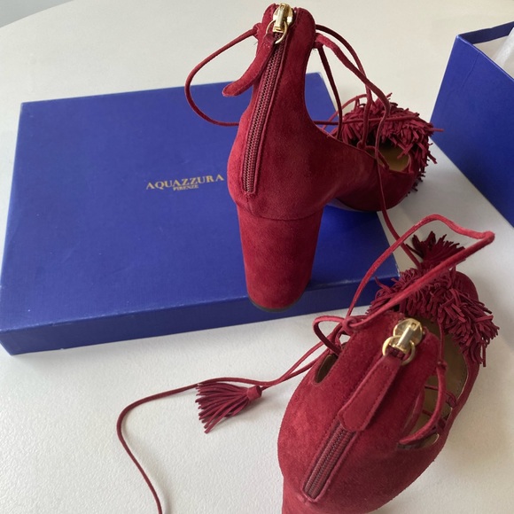 Aquazzura Burgundy Suede Fringe Wild Thing Pumps Lace Up Heels Size 41 US 10 - Picture 9 of 11